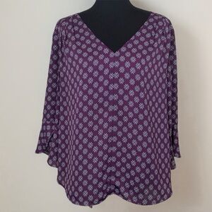 41 Hawthorn Purple Floral Print Pleat Design V-neck Tie Back 3/4 Sleeve Top XL